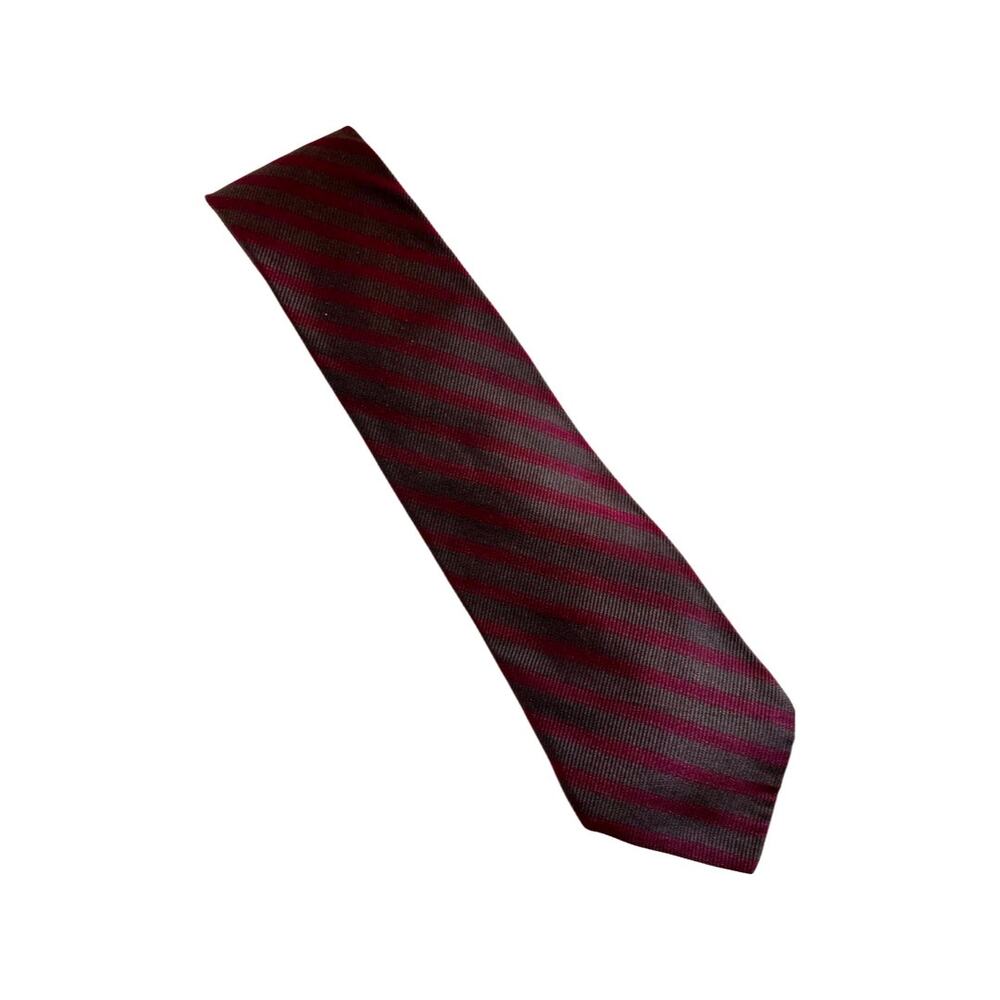 Vintage Hudson 1960s Skinny Olive Green and Maroon Striped Silk Necktie